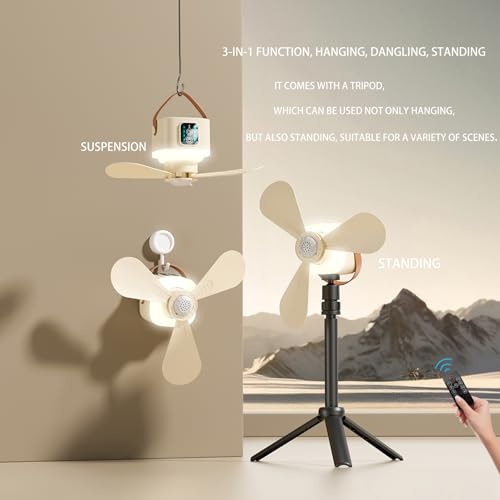 Image of Portable Ceiling Fan, 7600 mAh Battery Camping Fan, 2-in-1 Standing and Hanging Design for Camping and Dormitory with Hanging Strap for Canopy Tent, Beige