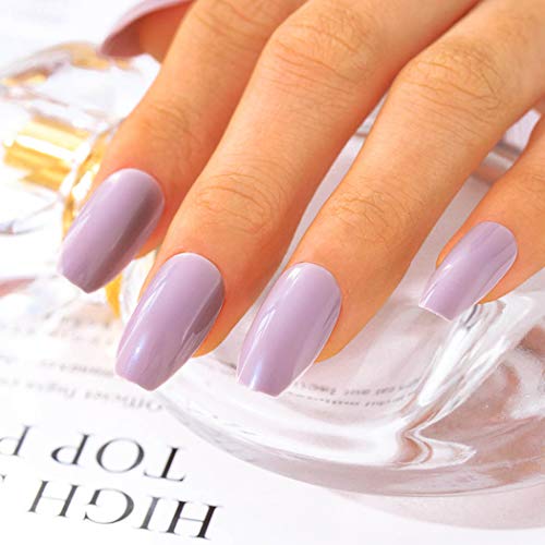 Woeoe Coffin Purple Press on Nails Glossy Medium False Nails Pure Color Full Cover Nail Natural Acrylic Tip Fake Nails for Women and Girls (Pack of 24)