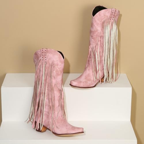 Image of KiutSymo Mid Calf Fringe Boots For Women Cowboy Pointed Toe Chunky Heels Cowgirl Western Tassel Boots