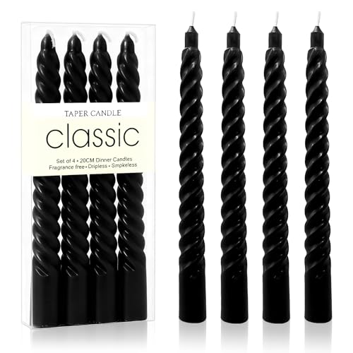 MAJOYLIFE 4 Stück Stabkerzen Gedreht Premium Spiralkerzen Dinner Kerzen Lange Brenndauer von 5 Stunden Ideal zum Dekorieren von Esstischen und für Partys Schwarz