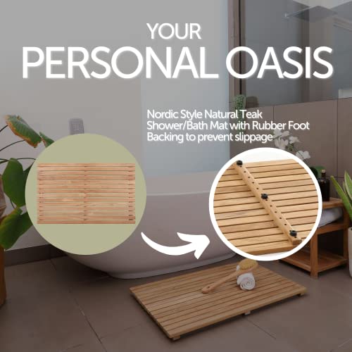 Nordic Style Premium Teak Shower And Bath Mat For Indoor And Outdoor Use - Non-Slip Wooden Platform For Spa, Sauna, Pool, Hot Tub - Flooring Decor And Protector (31.4" X 19.6", Natural Finish) #TOP6