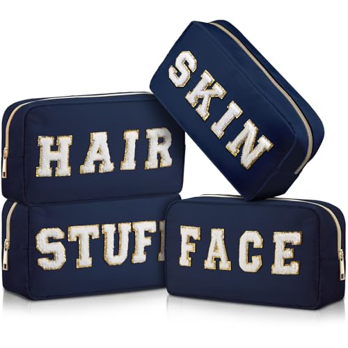 Cunno Preppy Makeup Bags Chenille Letter Stuff Bag Nylon Cosmetic Pouch Cases with Zipper for Women Travel Toiletry(Dark Blue Classic 4 Pcs)