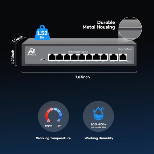 ONWOTE Switch PoE de 8 Puertos Gigabit 93W, 10/100/1000Mbps Auto-adaptativo, 8 Puertos PoE 1Gbps y 2 Puertos Uplink RJ45 1Gbps, Switch Ethernet No Gestionado para Sistema de Cámaras NVR PoE miniatura 5