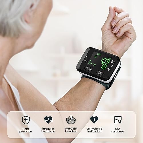Blood Pressure Monitor Wrist Automatic BP Machine Adjustable Cuff 198 Memory Readings Large Backlit LCD Display with Carrying Storage Bag for Home Use