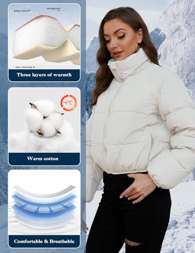 Yimoon Women's Cropped White Puffer Jacket - Lightweight and Cozy, Perfect for Winter Adventures - Image 3
