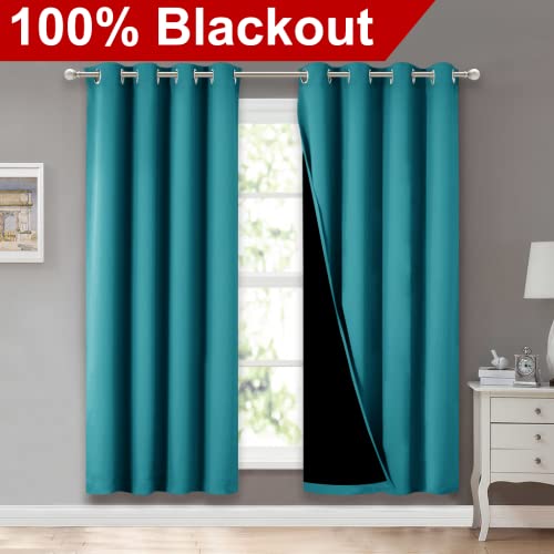 Image of NICETOWN 100% Blackout Window Curtain Panels, Full Light Blocking Drapes with Black Liner for Nursery, 72-inch Drop Thermal Insulated Draperies (Peacock Teal, 2 Pieces, 52-inch Wide Per Panel)