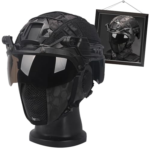 Tactical Airsoft Helmet Set - Paintball Thickened Fast MH Helmet 90° Flip Goggle Steel Mesh Mask Helmet Cover