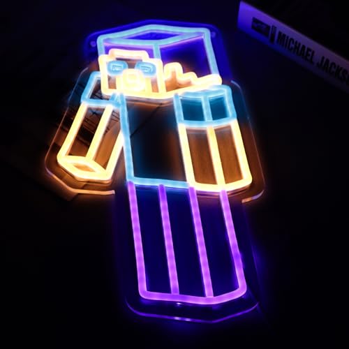 Image of WonderfulLife Game Neon Sign for Playroom Decor,Block Man Led Lights for Man Cave Gaming Room Internet Bar or Bedroom Decoration.5V USB Powered,Easy Hanging.