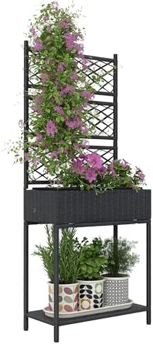 Outsunny Raised Garden Bed with Trellis, Outdoor Wicker Planter, Freestanding Rattan Planter Stand with Storage Shelf for Climbing Plants, Flowers, Herbs, Vegetables, Black