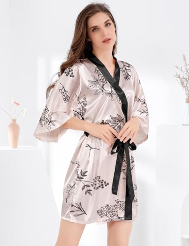 Image of MORFORU Women Bride Bridesmaid Silky Satin Kimono Robe Solid Color Sleepwear for Wedding Party Getting Ready, Short