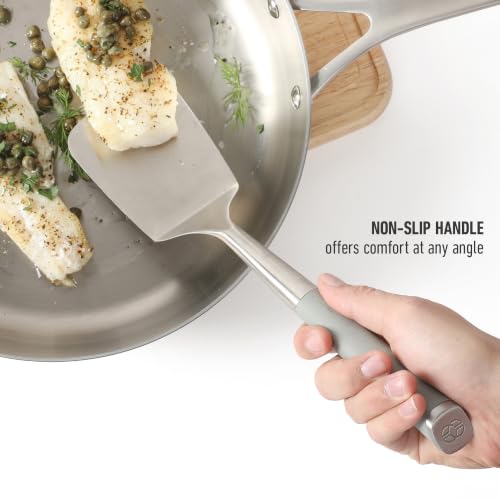 Image of Calphalon Edge Solid Turner, Cooking Spatula, Kitchen Spatula, Stainless Steel Turner with Silicone Heat Resistance Handle, Nonstick-Safe Spatula with Ergonomic Handle (Taupe)
