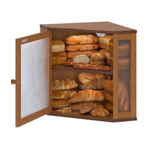 Furshus Corner Bread Box for Kitchen Countertop,Bread Storage for Homemade Bread, Double Layer Large Bamboo Kitchen Storage Bin with Window (Brown, Medium)