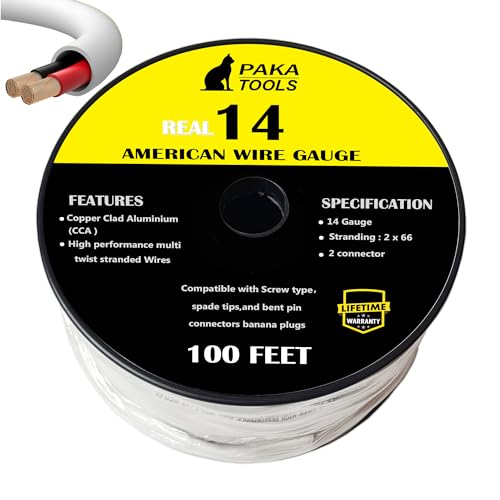 PAKA TOOLS Speaker Wire (100 Feet) (Copper Clad Aluminum) - Fire Safety in Wall Rated Audio Speaker Wire Cable / CL2 Rated / 2 Conductors - CCA, 100ft,ONE Spool (14 Gauge)