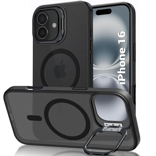 Image of TheGiftKart Hybrid Matte Frosted Back Cover Case for iPhone 16 Compatible with MagSafe | Built-in Stand | Shockproof Hard Back Cover Case for iPhone 16 (PC & TPU, Translucent Black)