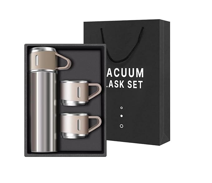 Double Wall Stainless Steel Thermo Vacuum Insulated Bottle Water Flask with Two Cups Hot and Cold – 500 ML (Silver)