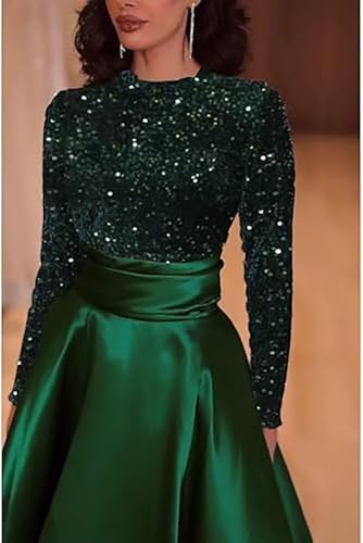 Long Sleeve Prom Dresses for Women Sparkly Ball Gown A-Line Satin Formal Evening Dress with Pockets3