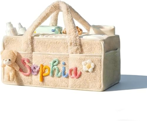 Zhongzhi Organizador de pañales con nombre personalizado: organizador de felpa hecho a mano, bolsa organizadora personalizada para bebé (verde) (blanco roto)