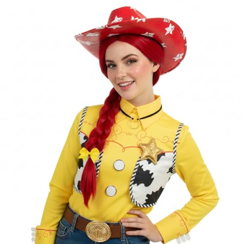 Image of H&Bwig Long Red Braided Wig with Yellow Bow for Women Cowgirl Costume Wig Middle Part No Bangs Heat Resistant Synthetic Wig for Halloween Cosplay Party