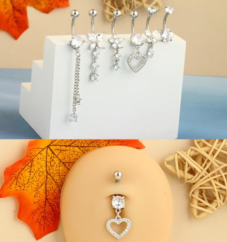 TIANCI FBYJS Surgical Stainless Steel Dangle Belly Button Rings for Women Belly Ring Dangling Piercing Jewelry with Heart Flower Butterfly Silver 14G4