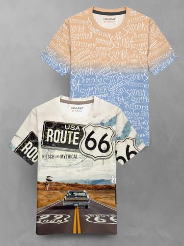 Image of HELLCAT Trendy Front & Back Graphic Printed Cotton Blend Half Sleeve Premium Round Neck Tshirt for Boys - Pack of 2