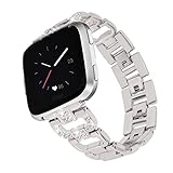 Fundro Bands Compatible with Fitbit Versa, Bling Stainless Steel Metal Bracelet Replacement Band Wristband Accessories Strap with Rhinestones for Women (A# Silver)
