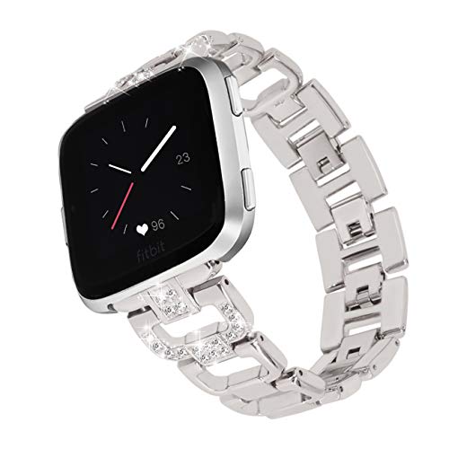 Fundro Bands Compatible with Fitbit Versa, Bling Stainless Steel Metal Bracelet Replacement Band Wristband Accessories Strap with Rhinestones for Women