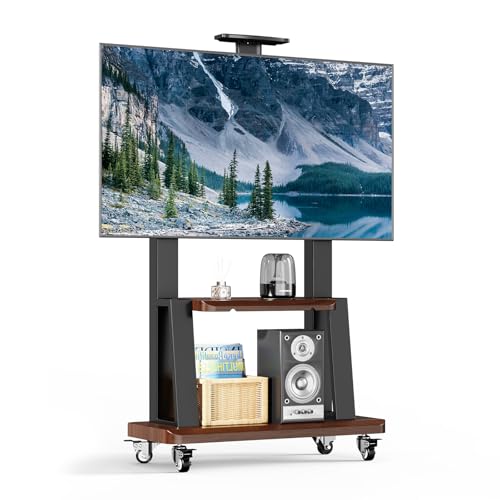 Mobile TV Stand Rolling TV Cart with Wheels for 32-75 Inch Flat/Curved Led/LCD/OLED Portable Floor TV Stand with Shelf, Height Adjustable Heavy-Duty Holds up to 180lbs,Max VESA 600 * 400mm (Black)