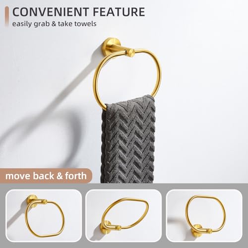Image of Angle Simple Brushed Dark Gold Towel Ring, SUS 304 Stainless Steel Swivel Deep Gold Tone Hand Towel Holder for Bathroom Wall Mount