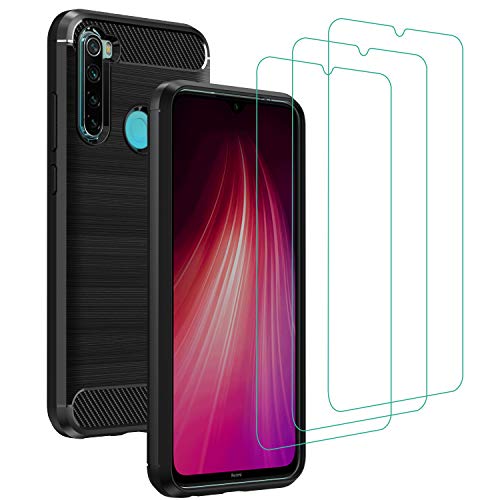 ivoler Funda para Xiaomi Redmi Note 8T + 3 Unidades Cristal Templado, Fibra de Carbono Negro TPU Suave de Silicona [Carcasa + Vidrio Templado] Ultra Fina Caso y Protector de Pantalla