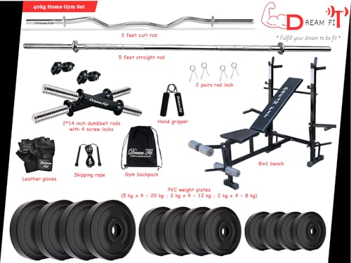 Image of DREAM FIT PVC Home Gym Set - 40 Kg with 8in1 Gym Bench, 3 ft Curling Rod, 5 ft Straight Rod, 1 Pair Dumbbell rods and Gym Accessories (40kg)