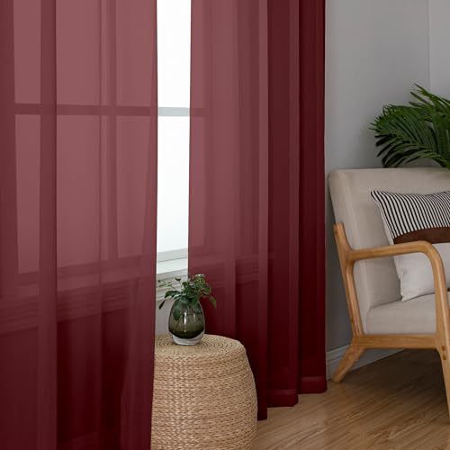 Image of Chyhomenyc Burgundy Sheer Curtains 78 Inches Long 2 Panels Set for Living Room, Light Filtering Voile Lightweight Bedroom Curtains, Rod Pocket Solid Window Treatment Drapes, Each 42W x 78L