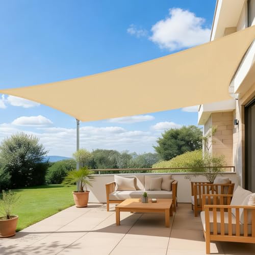 HENG FENG Toldo Vela de Sombra Rectangular 2.5x3m, PES 160 g/m² Impermeable, 95% Bloqueo UV, para Exterior en Terraza, Jardín, Patio - Incluye Cuerda de Fijación - Color Arena