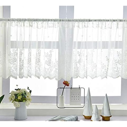 Aspthoyu Lace Rod Pocket Valance Curtain Cafe Short Tier Curtains White Net Half Window Treatment for Kitchen Bathroom Window Curtain, 39 x 23.5 inch Cover