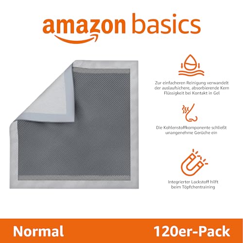 Amazon Basics Trainingspads für Hunde und Welpen mit Kohlenstoff zur Geruchskontrolle, auslaufsicheres Design mit schnell trocknender Oberfläche, Normal (120 Stück), Grau