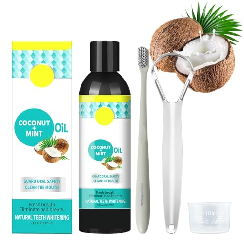 INBOLM Aceite de coco blanqueador (8 onzas líquidas), aceite de coco con raspador de lengua, cepillo de dientes, enjuague bucal, blanqueamiento dental sin alcohol, 237 ml