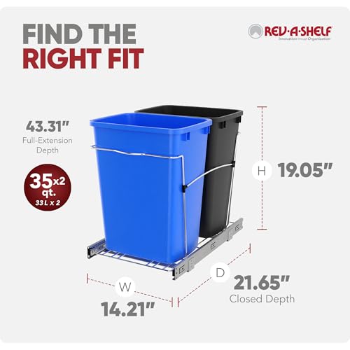 Image of Rev-A-Shelf Double Pullout Garbage Trash Cans for Kitchen Cabinets, 35 Qt