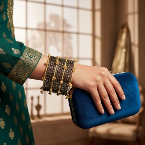 Image of Kashmiri Ghangharoo Glass Bangle Set for Women| Light Weight Bangles | Traditional Transparent Fancy Glass Chudi Set for Wedding, Party|Set Of 16(12 Glass + 4 ghungroo bangles)