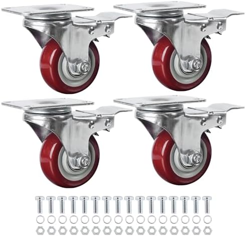 Finnhomy 3 Inch Caster Wheels Set of 4 with Brake Heavy Duty Plate Swivel Casters Premium Polyurethane Wheels PU Load Bearing 2,200 Lbs Lockable Anti-wear Smooth Casters Red