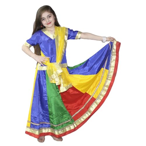 Image of Kaku Fancy Dresses Traditional Radha Costume for Girls - Red & Yellow Lehenga Choli with Dupatta | Indian Mythological Fancy Dress for Janmashtami - 14-17 Years