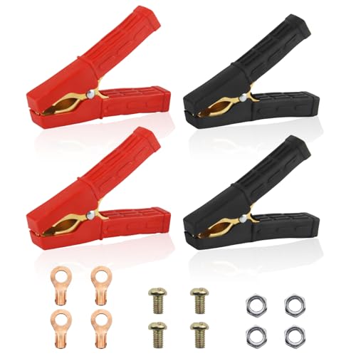 Vaskula Lot de 4 pinces crocodiles 200 A - En cuivre pur - Avec bottes isolées - Poignée en plastique - Pour batteries de voiture - Bornes de batterie (rouge et noir)