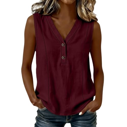 Lmdudan Boho Linen Tank Tops for Women Button Front Loose Fit Lightweight Tees Fashion Summer Vacation Beach Shirts 2026 Red