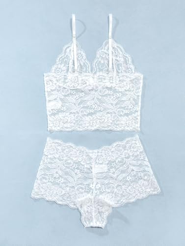 Image of Lilosy Sexy Sheer Floral Lace Pajamas Lingerie Set High Waist Sleepwear Bra and Panty 2 Piece Nightwear