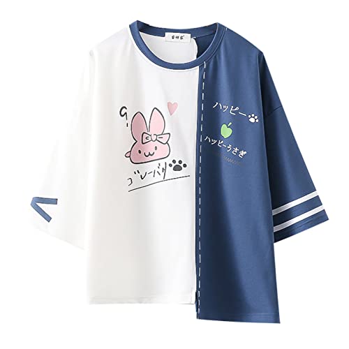 Teen Girls Cartoon Print T Shirts Japanese Kawaii Graphic Tee Funny Bunny Shirt Cotton Soft Cute Tops
