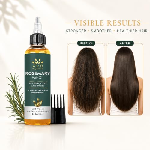 Image of AVD ORGANICS Rosemary Oil for Hair Growth & scalp | Infused with Biotin | Hair Strengthening, Nourishing and Volumizing | infused with Jojoba & Castor Oil | NON - GMO 120ml