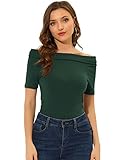 Allegra K Damen Top Kurzarm Schulterfrei Oberteil Einfarbig Elegant T-Shirt Bluse Grün M
