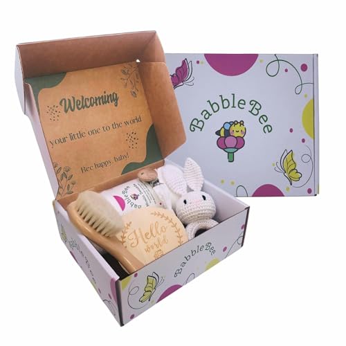 Canastilla Bebe Recién Nacido Set Regalo Muselina Bambú Algodón Sujeta Chupetes Sonajero Madera Peine Cerdas Naturales Tarjeta Datos Presentación Premium Baby Shower Niño Niña