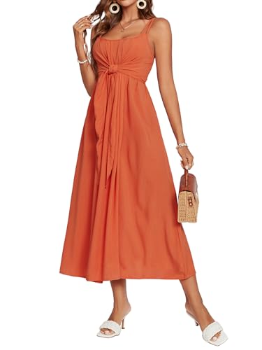 LYANER Women's Spaghetti Strap Square Neck Tie Waist Sleeveless A-line Swing Beach Long Dress Orange Medium