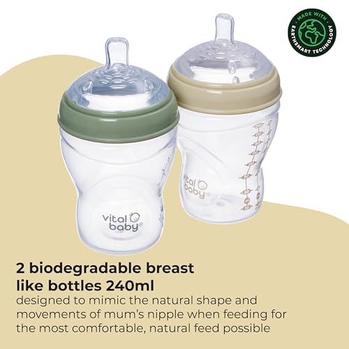 Vital Baby Breast-Like Baby Feeding Bottles 0m+, 240ml, Self-Sterilising in 3 Mins, Triple Anti-Colic Valves, Slow Flow Teats, EarthSmart Biodegradable, BPA-Free, 2 Pack - Image 3