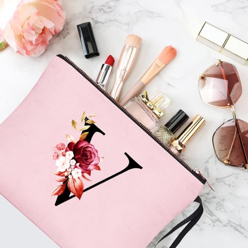 Image of Vavabox A-Z Personalized Makeup Bag, Birthday Gifts for Women Mom, Gifts for Best Friend, Bride Bridesmaid Cosmetic bag (V, 06-Pink)