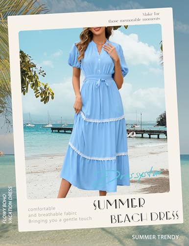 Dressystar Women's Puff Sleeve Boho Maxi Dress V Neck Tiered Summer Wedding Guest Beach Vacation Dresses 20253